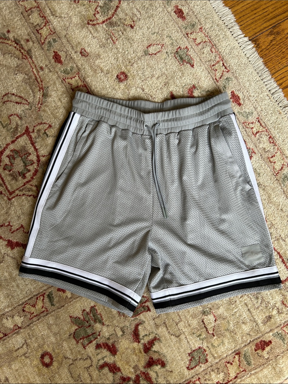 ALO Yoga Men's Light Gray Athletic Mesh Shorts with Black & White Trim